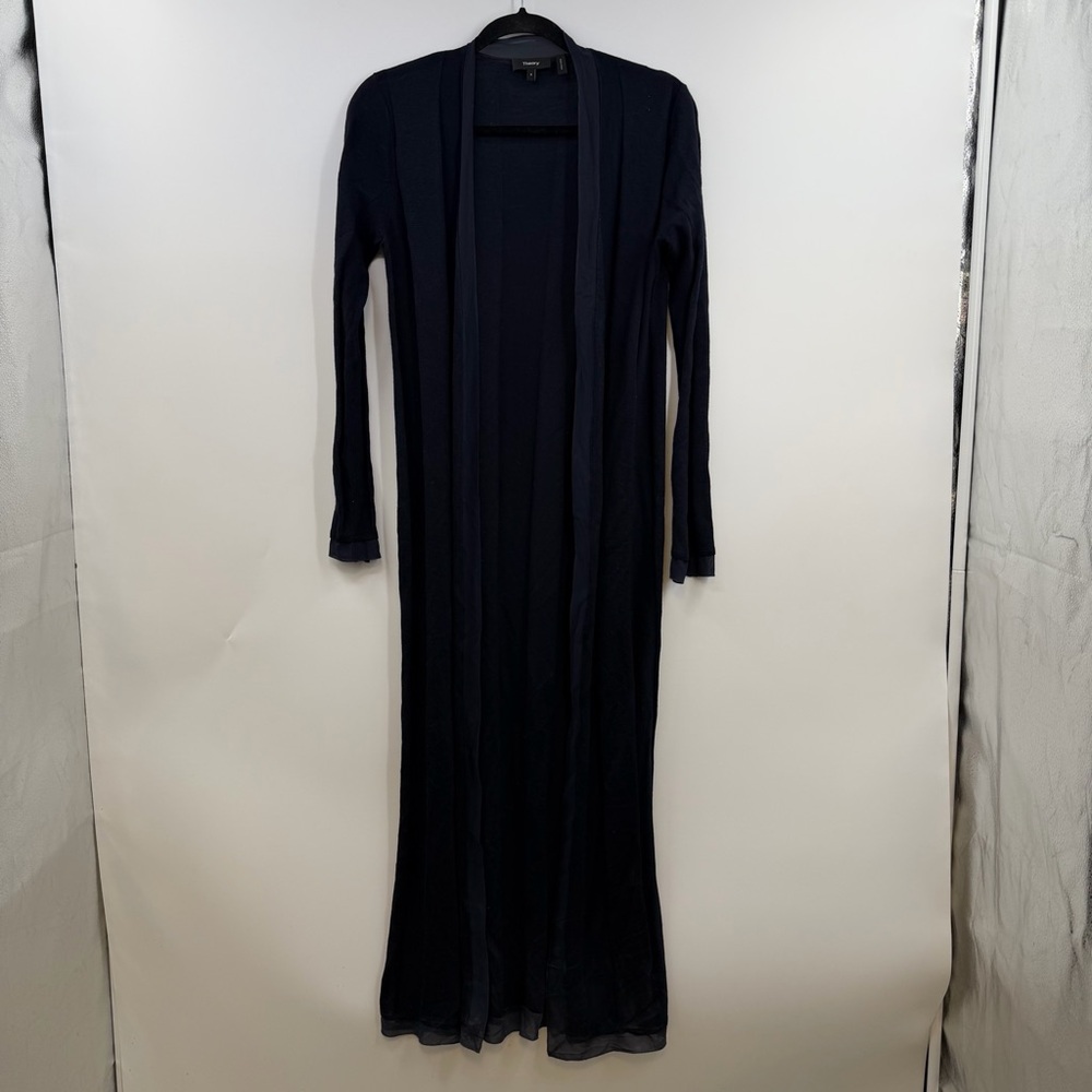 Theory Navy Wool Silk Maxi Duster Cardigan Small Long Open Front 52"
